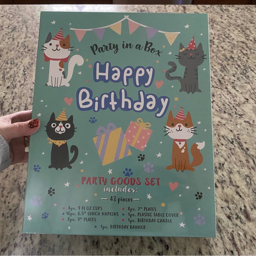 Party in a box cats kitty birthday decorations plates napkins adults kids NEW